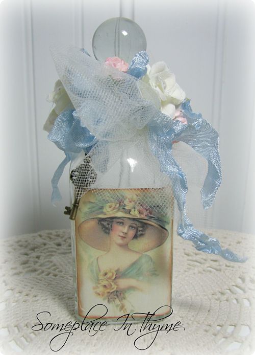 Petite Altered Bottle With Hat Lady-glass bottle, blue ribbon, netting, silks, handmade, home decor, decoration, key, roses, cottage, shabby decor