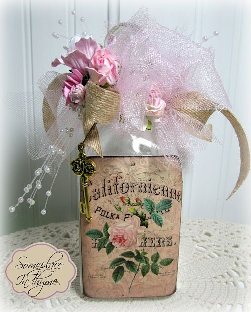 Gorgeous Altered Bottle With Pink Roses-glass bottle, handmade gift, pink roses, pearls, cottage decor, ribbons, roses, shabby decor, charm, key, glass, bath, bed, decoration, silks