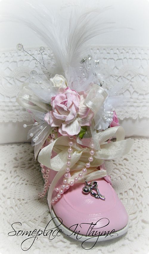 Baby Shoe Pincushion Pink with Roses-baby shoe, pink baby shoe, roses, pink roses, handmade gift, shabby, cottage, pearls, feathers, pearls, ribbons, pincushion, charm