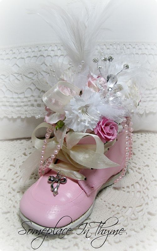 Baby Shoe Pincushion Pink with Roses-baby shoe, pink baby shoe, roses, pink roses, handmade gift, shabby, cottage, pearls, feathers, pearls, ribbons, pincushion, charm