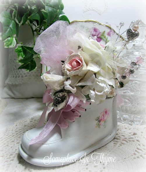 Pink Sweetness Baby Shoe Pincushion-baby shoe, pink roses, decals, shabby decor, vintage shoe, leather, roses, ribbons, pearls, 