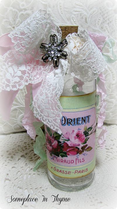 Rose De Orient Altered Bottle-vanity bottle, roses, handmade, glass, gift, vintage lace, ribbon, french image, altered bottle, pink, cork, 