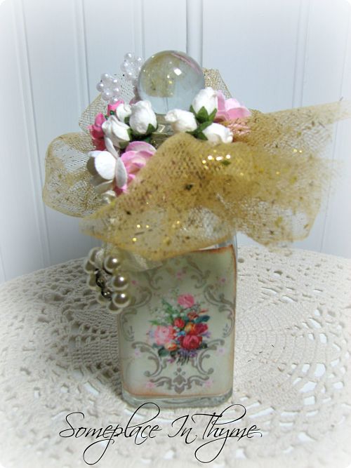 Altered Bottle With Gold Netting-vanity bottle, glass bottle, gift, roses, handmade, gold netting, shabby decor, cottage decor, bath decor, decoration, pearls, sparkle