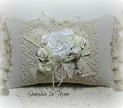 Natural Canvas Pillow With Paris Theme-pillow,chic,paris,shabby,natural,canvas,roses,lace,vintage,cottage,handmade,paper,charm,stuffed,lace,pearls,silks,gift,doily,crochet,fringe,tassels,