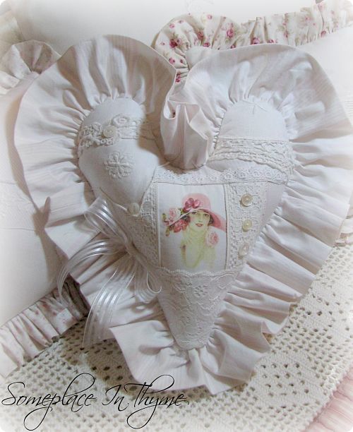 Heart Pillow With Lady In Hat-heart pillow, Valentine pillow, vintage buttons, gift, handmade, image, cottage, shabby, bed, cotton, buttons, pink, white, stripes, heart, lace