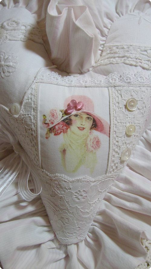 Heart Pillow With Lady In Hat-heart pillow, Valentine pillow, vintage buttons, gift, handmade, image, cottage, shabby, bed, cotton, buttons, pink, white, stripes, heart, lace