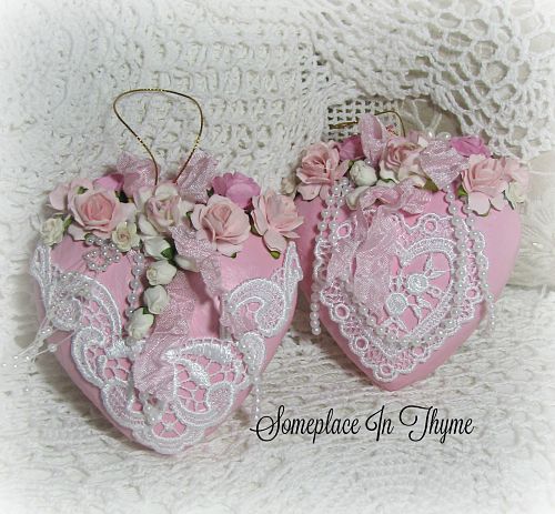 Set Of Pink Hearts-valentine hearts, hearts, pink hearts, pearls, handmade roses, valentine decor, decoration, heart decor, roses, lace, ribbons