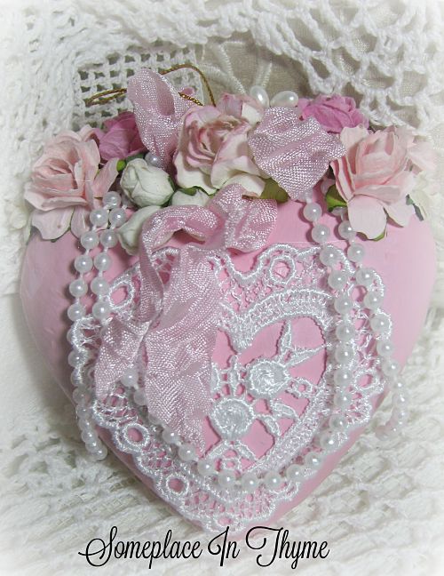 Set Of Pink Hearts-valentine hearts, hearts, pink hearts, pearls, handmade roses, valentine decor, decoration, heart decor, roses, lace, ribbons