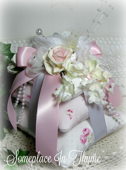 Pillow Sachet Stacked Pink Roses Ribbons-sachet pillow, handmade pillow, roses, ribbons, lavender buds, flowers, roses, pink roses, pearls, home decor, shabby decor, 