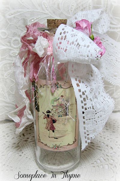 Key To My Heart Altered Bottle-Valentines Day, vanity bottle, romantic image, key charm, lace, ribbons, hanging beads, glass, handmade paper roses, cottage, roses, 
