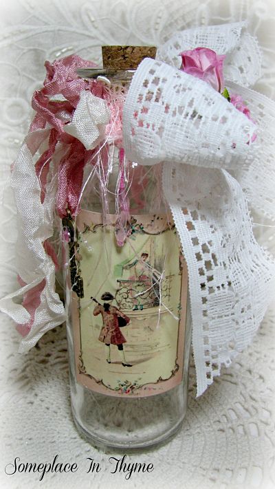Key To My Heart Altered Bottle-Valentines Day, vanity bottle, romantic image, key charm, lace, ribbons, hanging beads, glass, handmade paper roses, cottage, roses, 